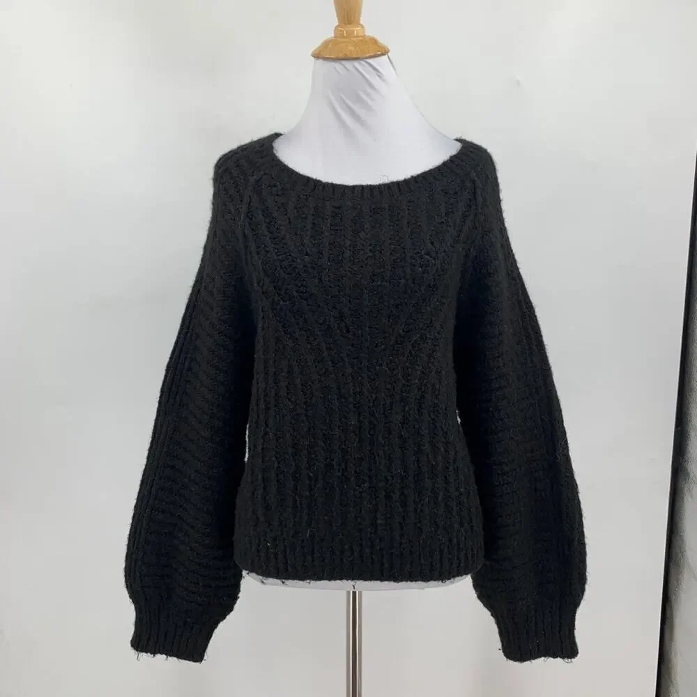 Free People Sweater Womens M Medium Black Carter Knit Balloon Sleeves Boxy